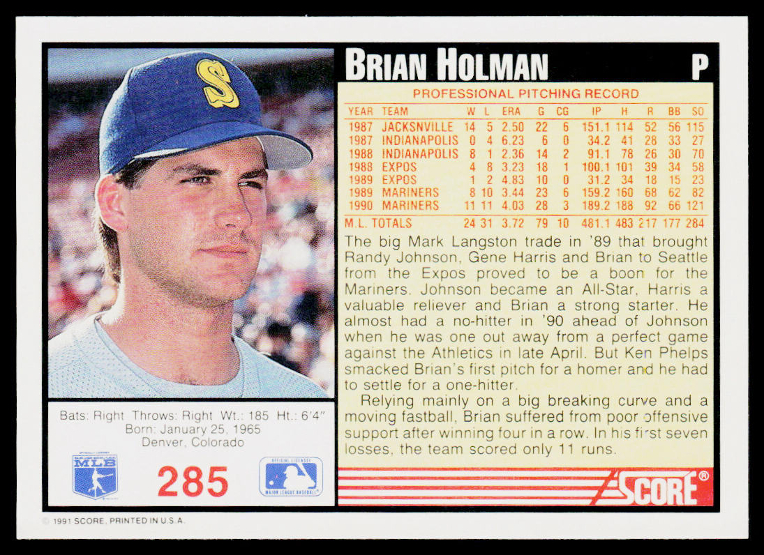 Brian Holman 1991 Score #285 Seattle Mariners
