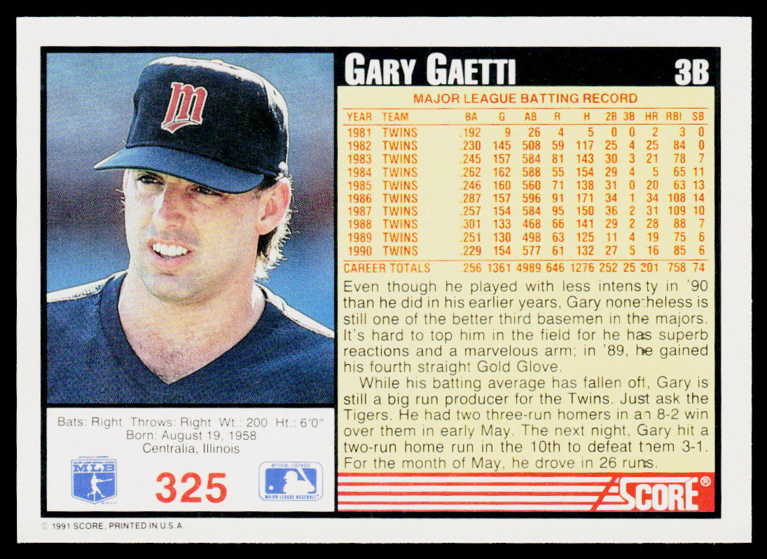 Gary Gaetti 1991 Score #325 Minnesota Twins