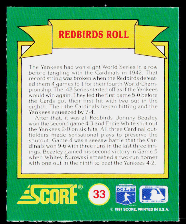 Redbirds Roll 1991 Score Magic Motion: World Series Trivia #33