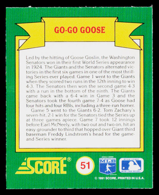 Go-Go Goose 1991 Score Magic Motion: World Series Trivia #51