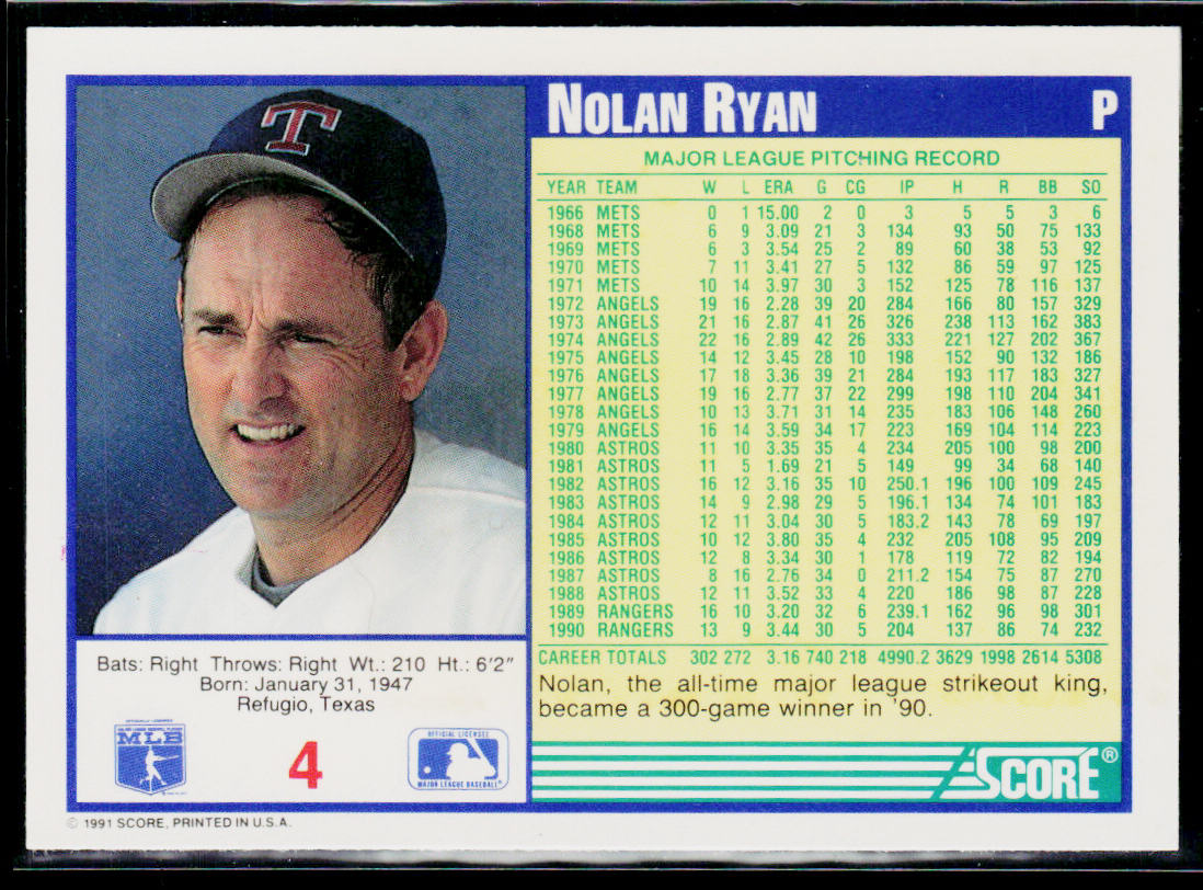 Nolan Ryan 1991 Score #4 Texas Rangers
