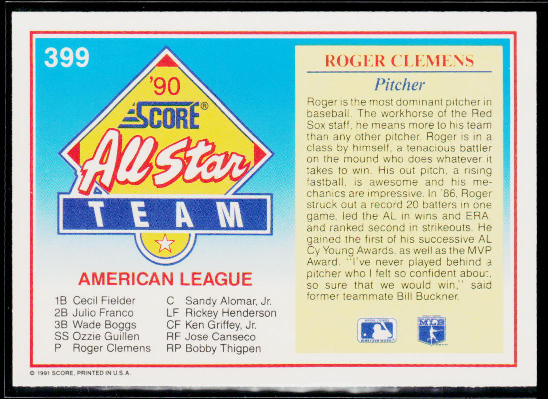 Roger Clemens 1991 Score #399 Boston Red Sox