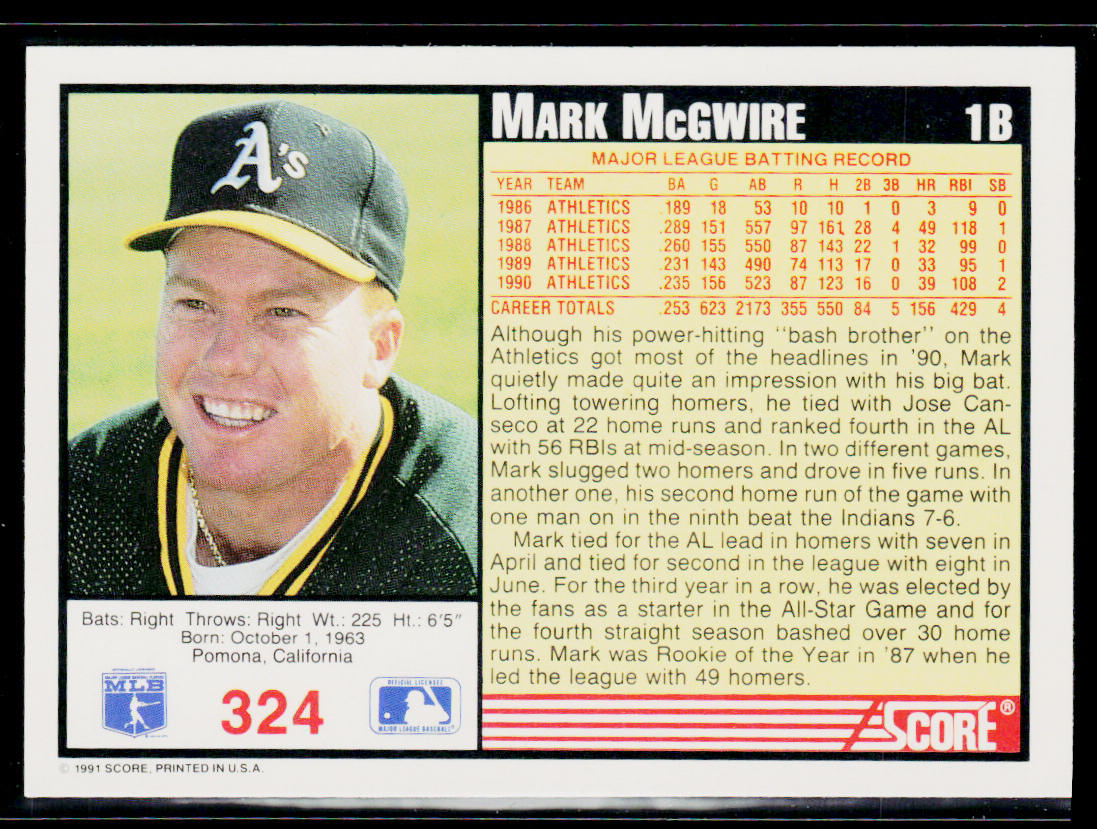 Mark McGwire 1991 Score #324 Oakland Athletics