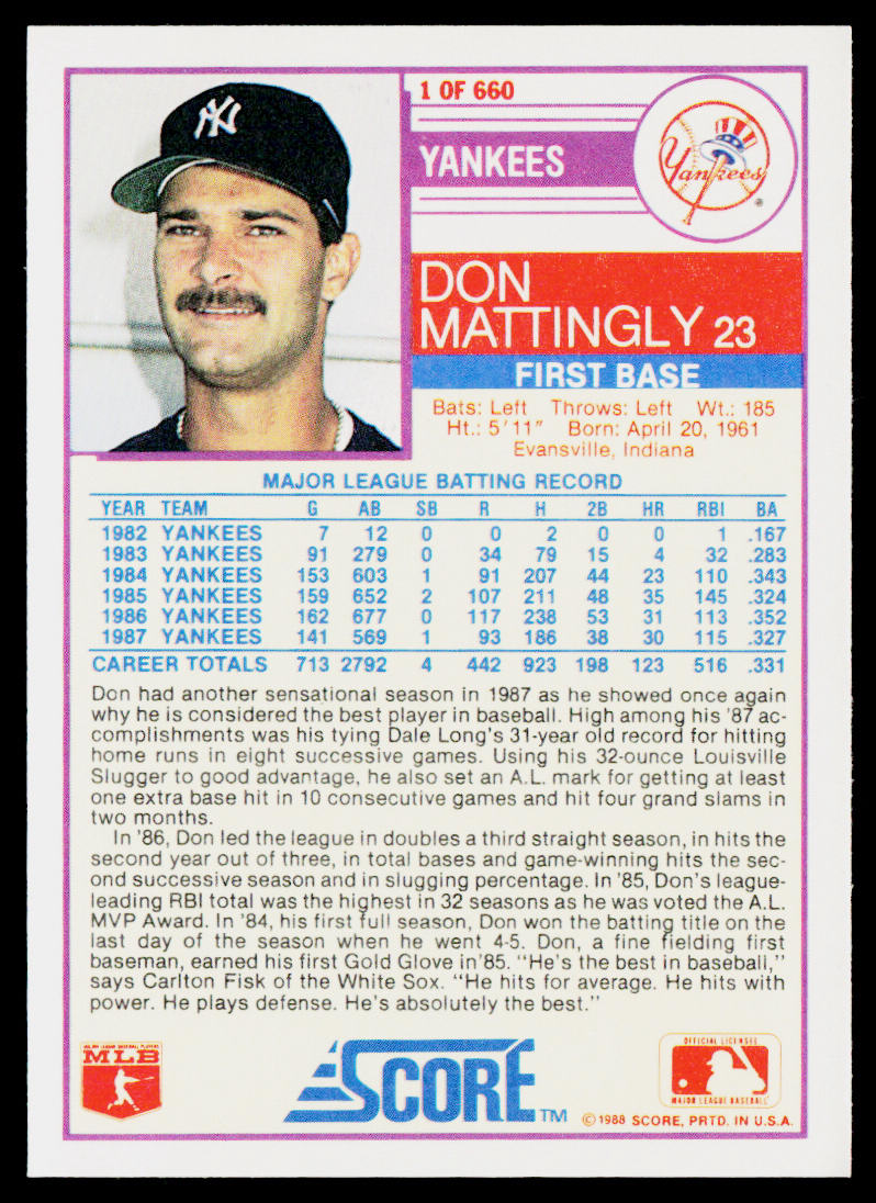 Don Mattingly 1988 Score #1 New York Yankees