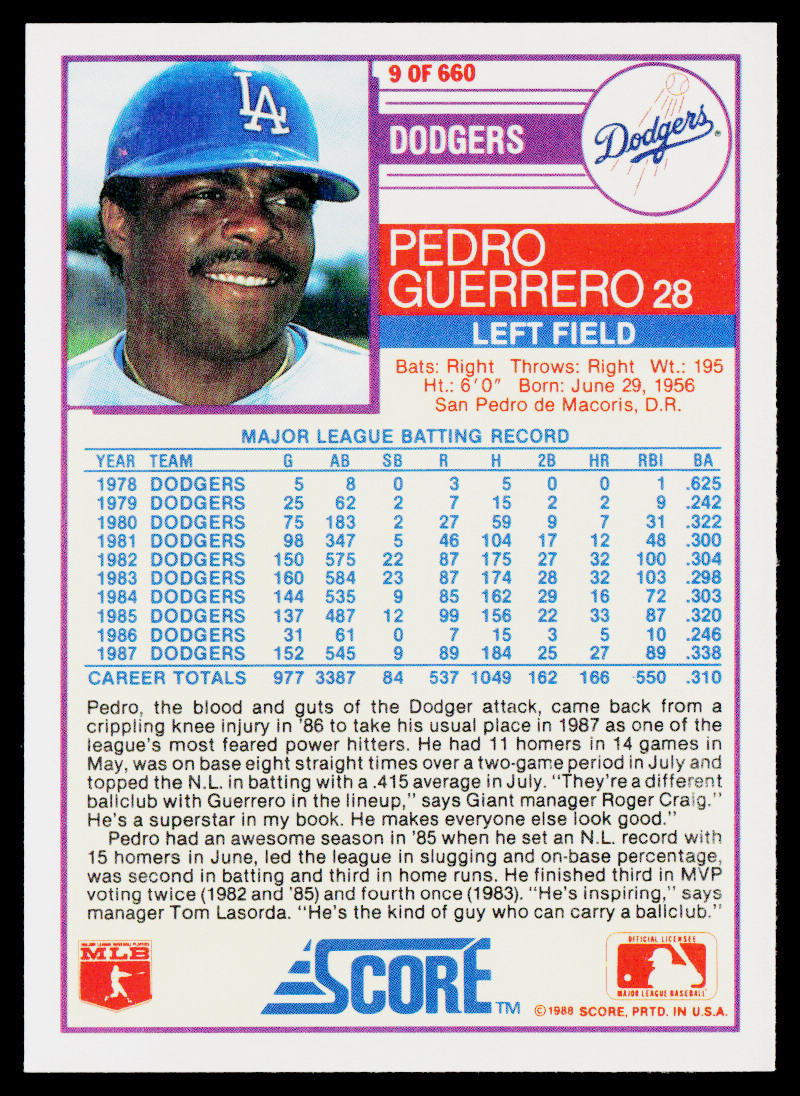 Pedro Guerrero 1988 Score #9 Los Angeles Dodgers
