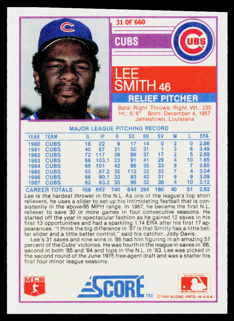 Lee Smith 1988 Score #31 Chicago Cubs