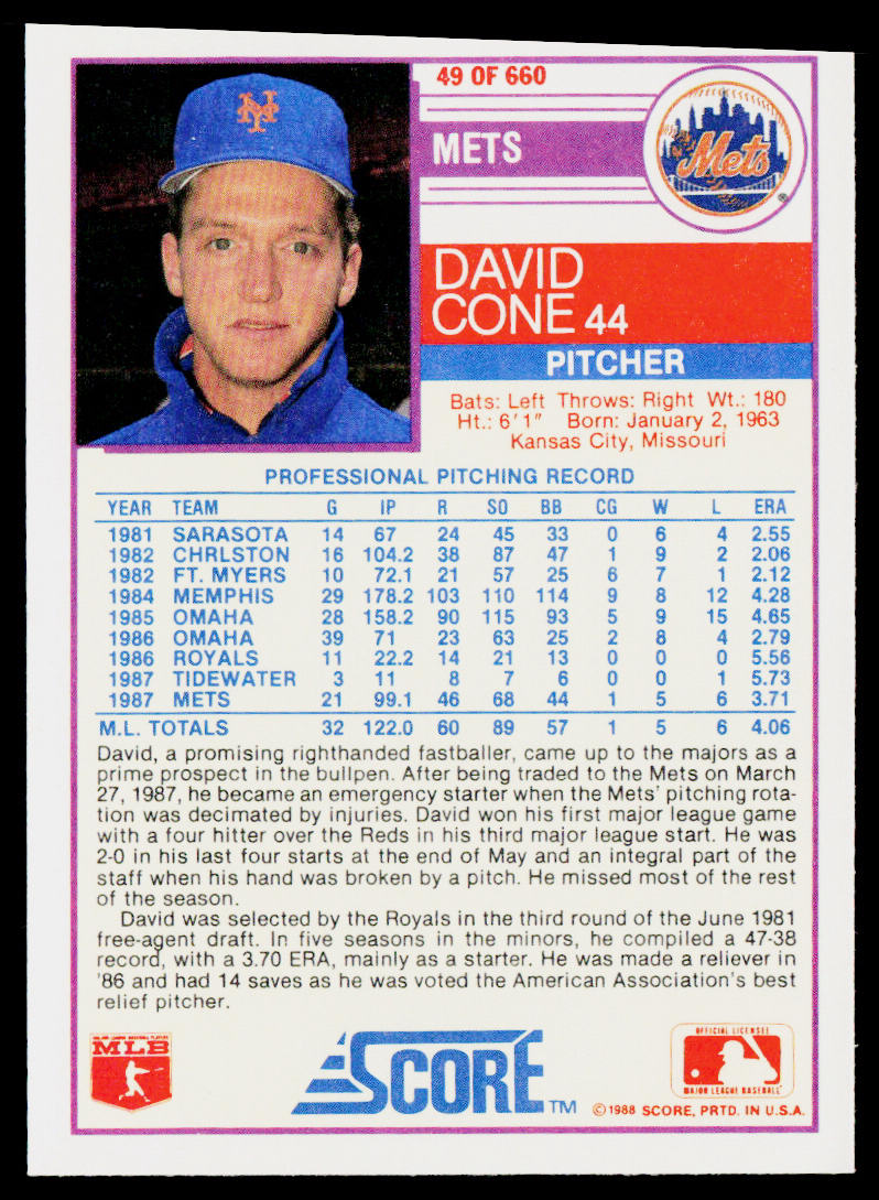 David Cone 1988 Score #49 New York Mets