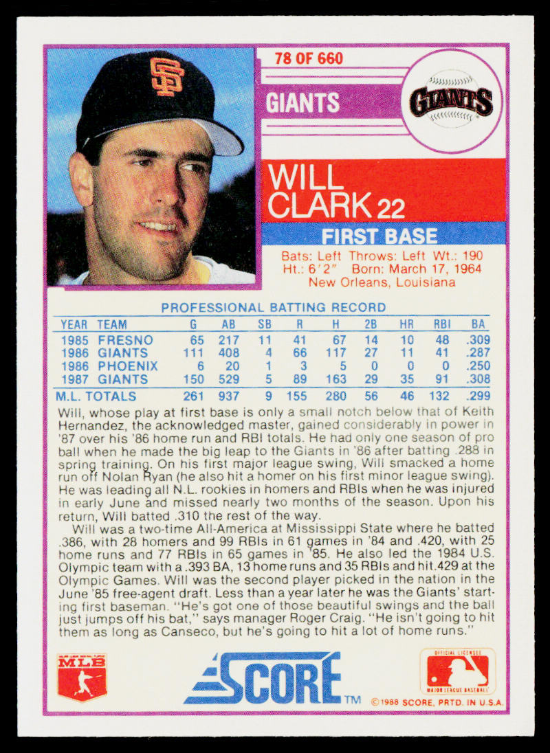 Will Clark 1988 Score #78 San Francisco Giants