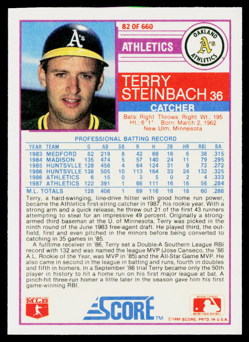 Terry Steinbach 1988 Score #82 Oakland Athletics