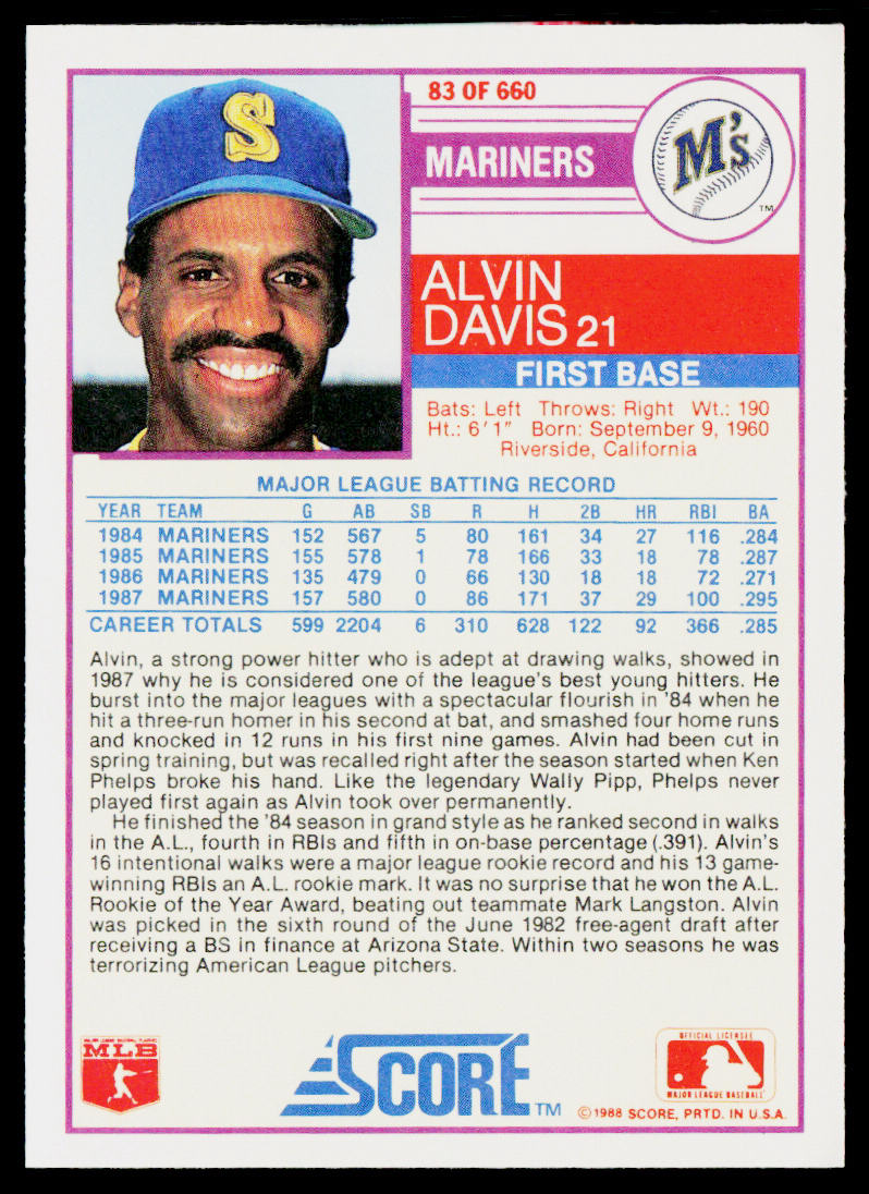 Alvin Davis 1988 Score #83 Seattle Mariners
