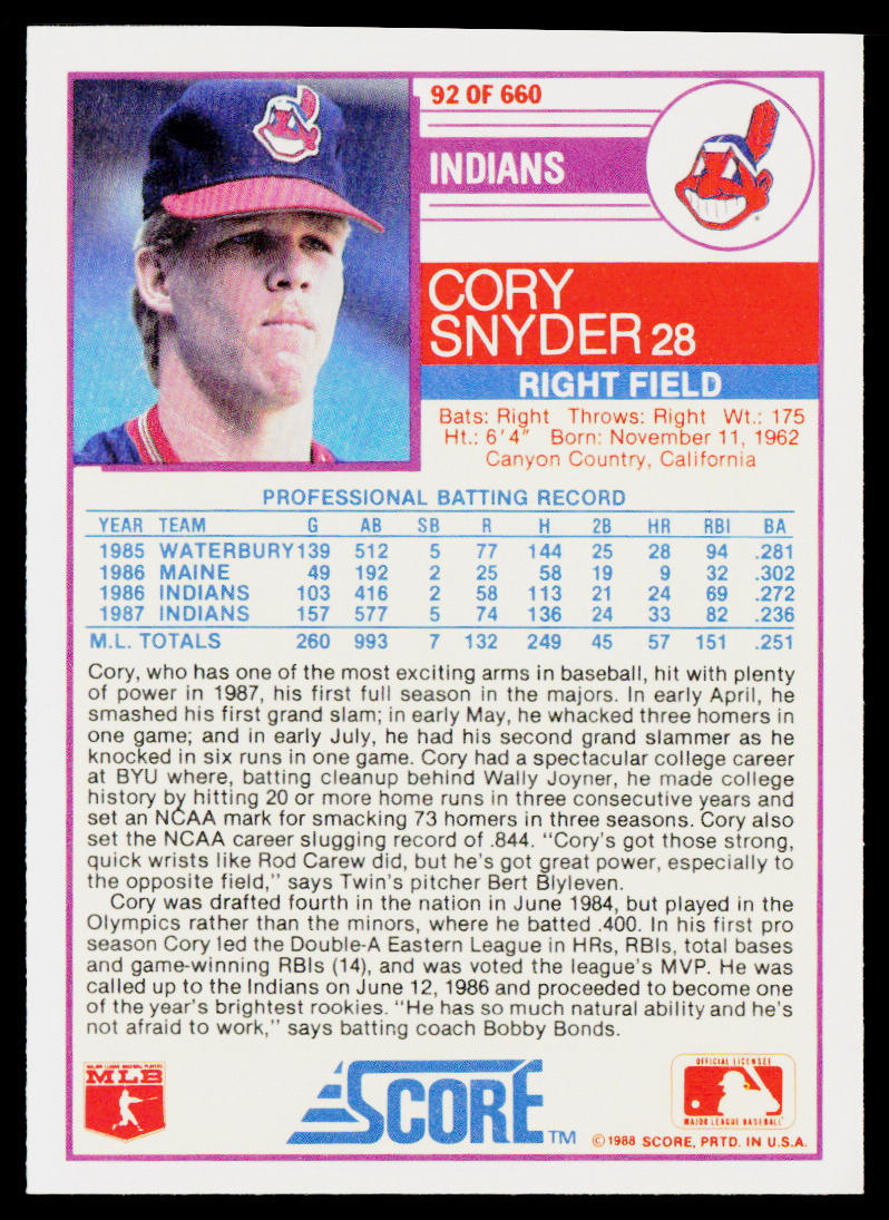 Cory Snyder 1988 Score #92 Cleveland Indians