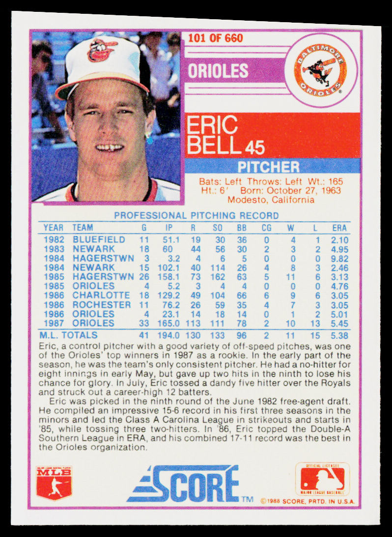Eric Bell 1988 Score #101 Baltimore Orioles