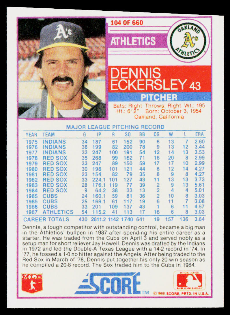 Dennis Eckersley 1988 Score #104 Oakland Athletics