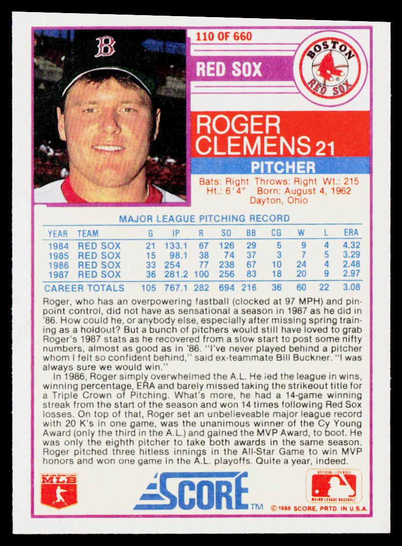 Roger Clemens 1988 Score #110 Boston Red Sox