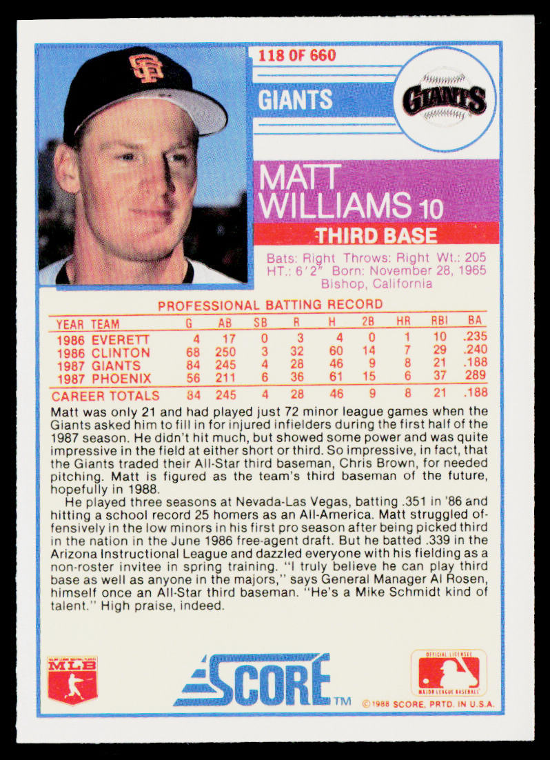 Matt Williams 1988 Score #118 RC San Francisco Giants