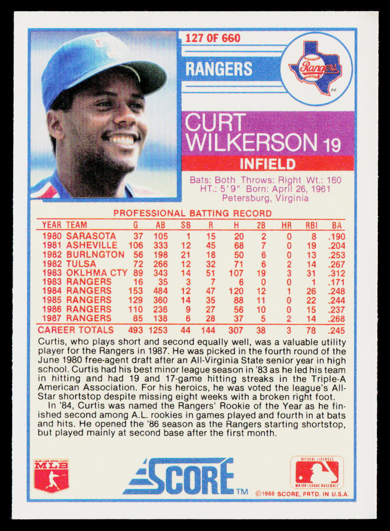 Curt Wilkerson 1988 Score #127 Texas Rangers