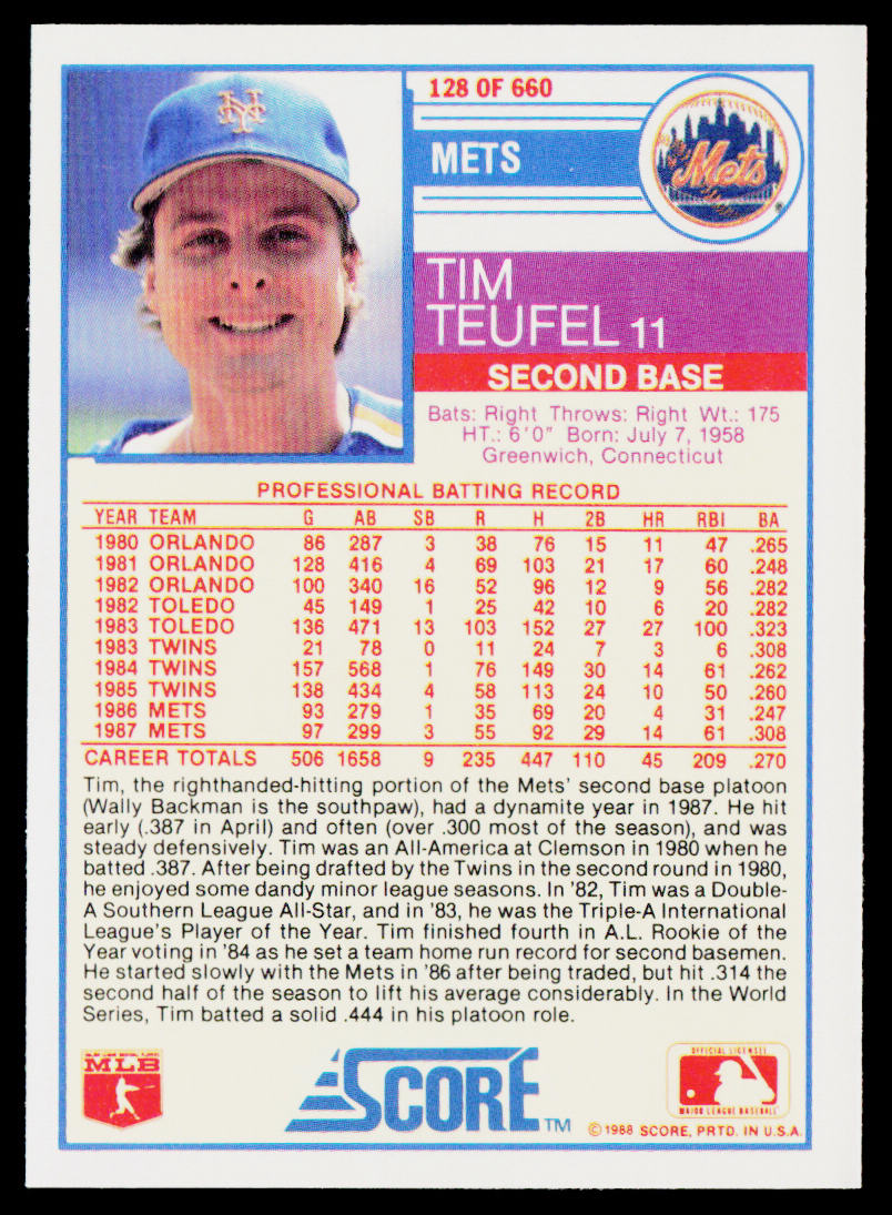 Tim Teufel 1988 Score #128 New York Mets