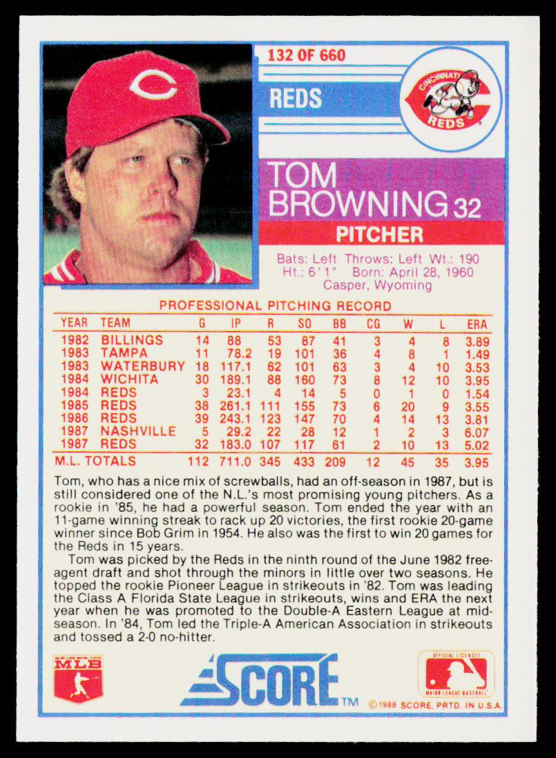 Tom Browning 1988 Score #132 Cincinnati Reds