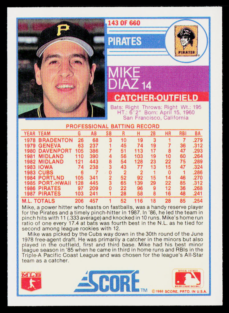 Mike Diaz 1988 Score #143 Pittsburgh Pirates