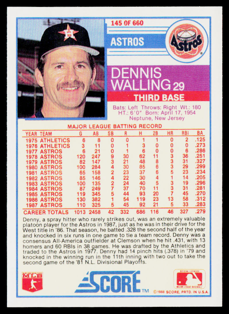 Dennis Walling 1988 Score #145 Houston Astros