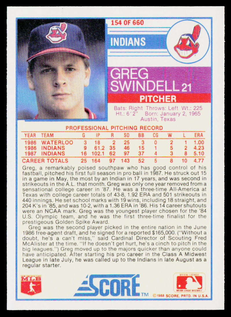 Greg Swindell 1988 Score #154 Cleveland Indians