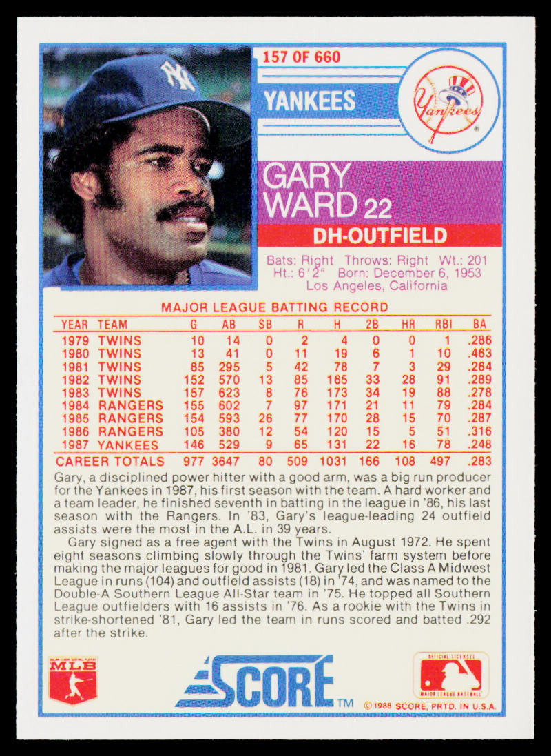 Gary Ward 1988 Score #157 New York Yankees