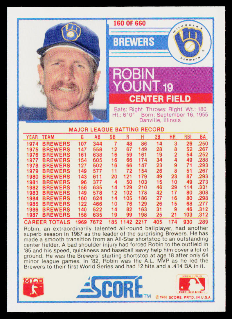 Robin Yount 1988 Score #160 Milwaukee Brewers