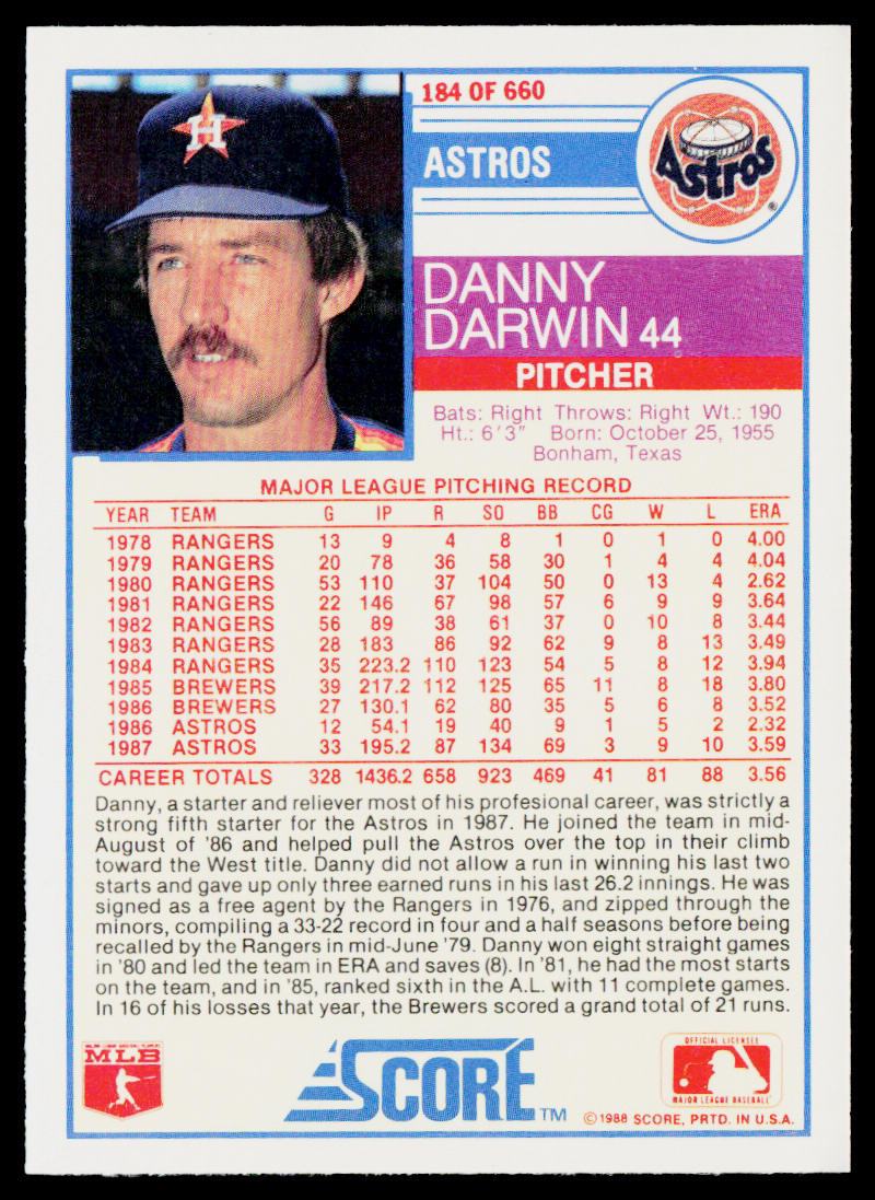 Danny Darwin 1988 Score #184 Houston Astros