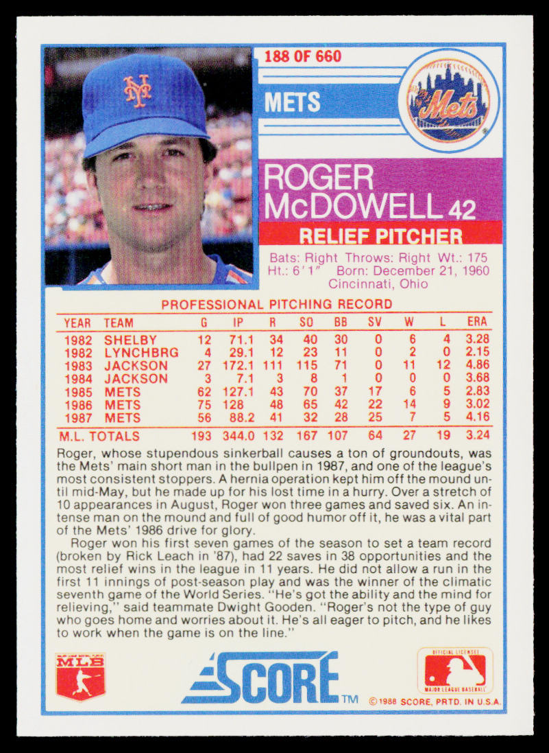 Roger McDowell 1988 Score #188 New York Mets