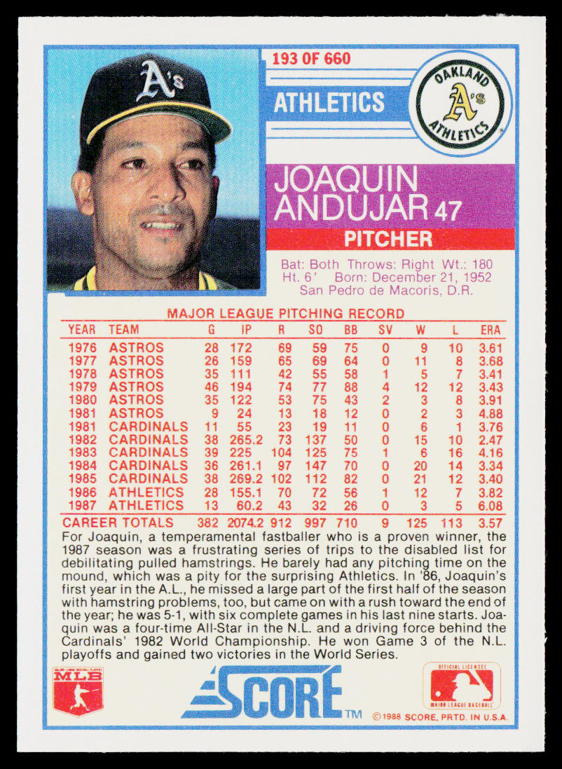 Joaquin Andujar 1988 Score #193 Oakland Athletics