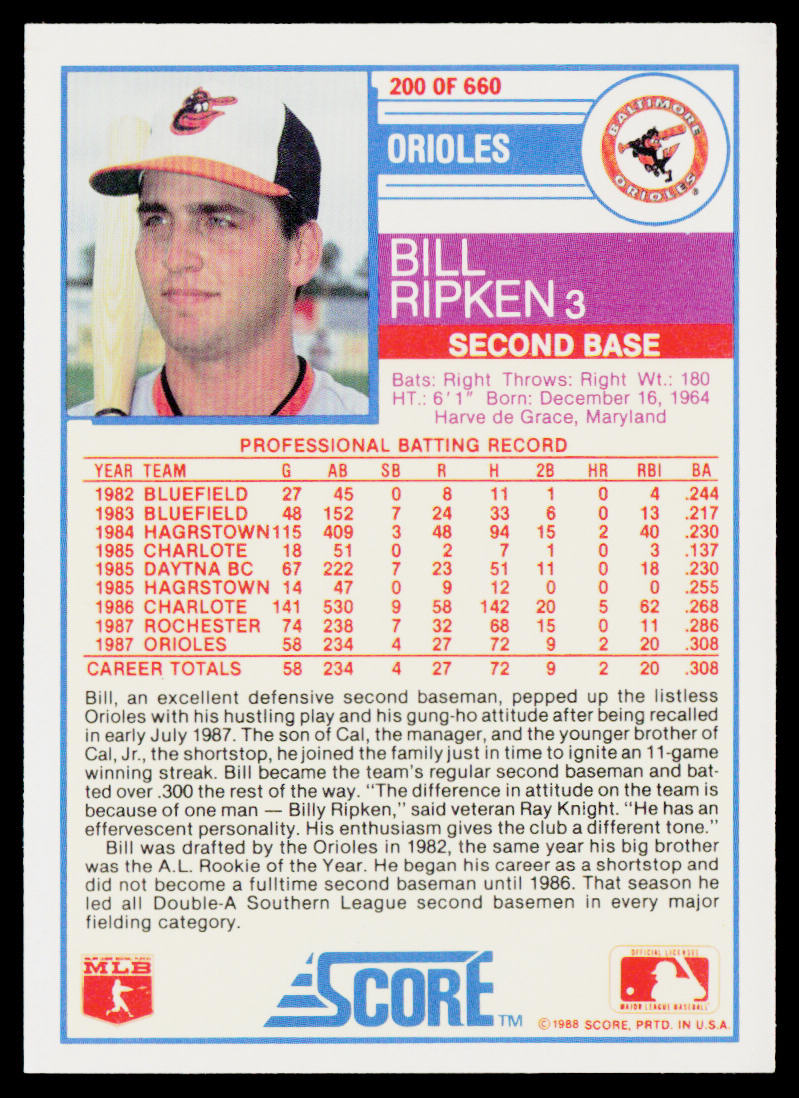 Bill Ripken 1988 Score #200 RC Baltimore Orioles