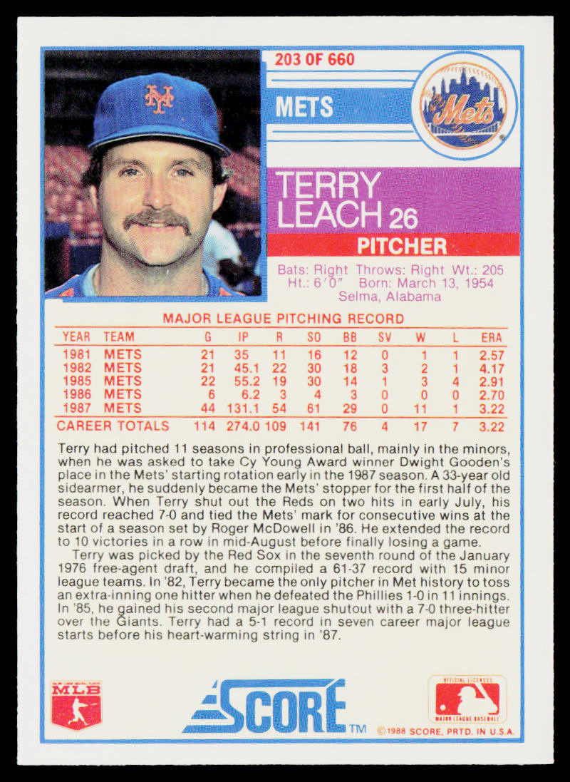 Terry Leach 1988 Score #203 New York Mets