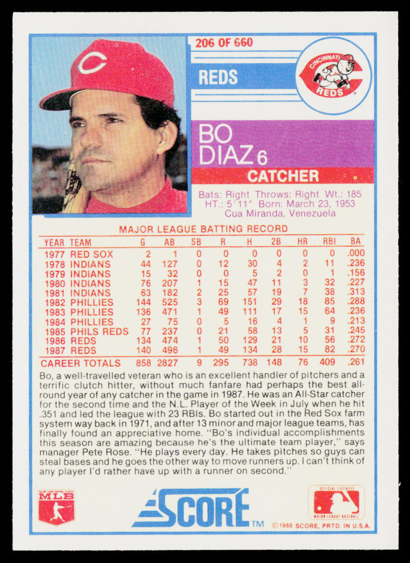 Bo Diaz 1988 Score #206 Cincinnati Reds