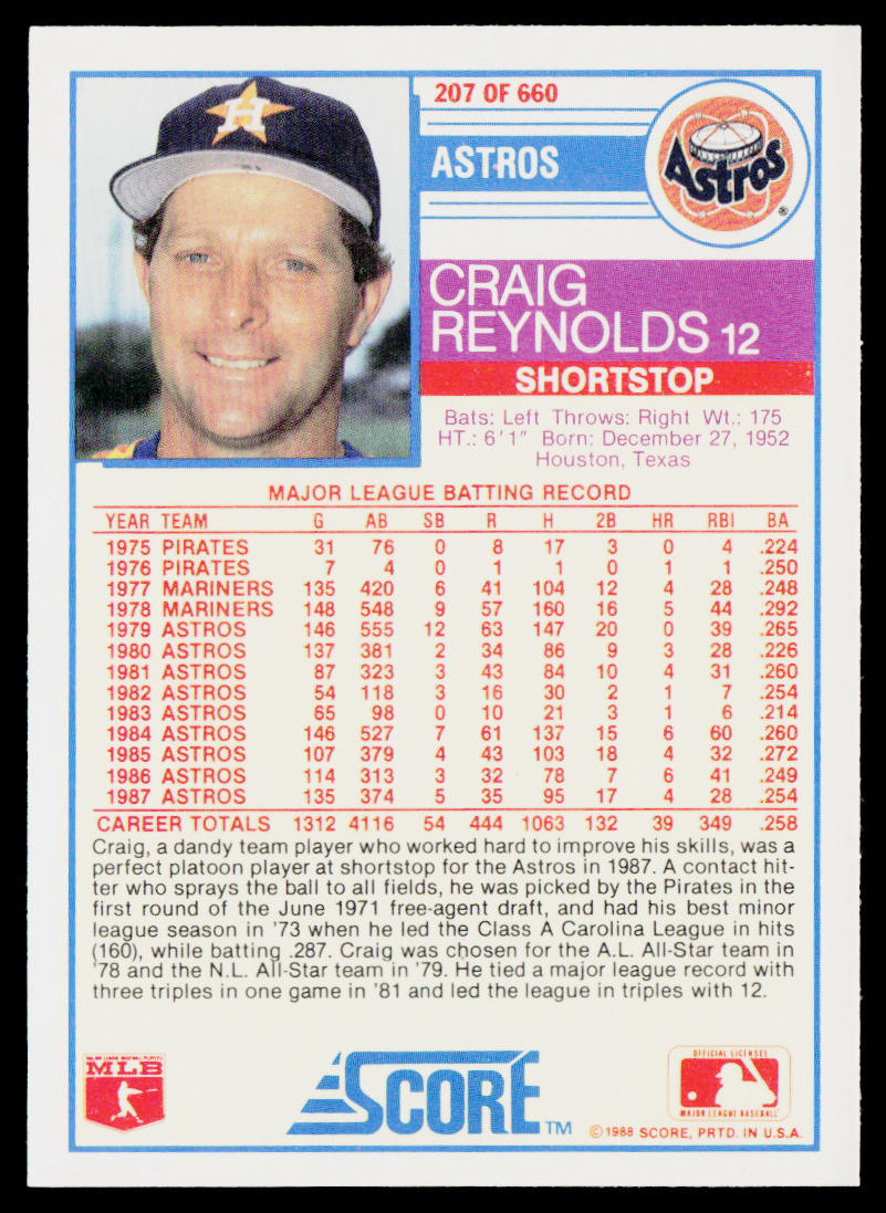 Craig Reynolds 1988 Score #207 Houston Astros
