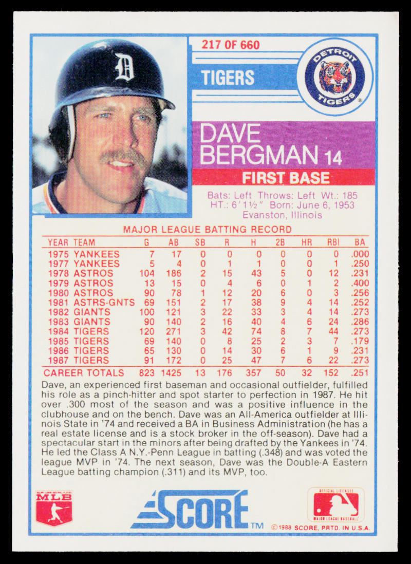 Dave Bergman 1988 Score #217 Detroit Tigers