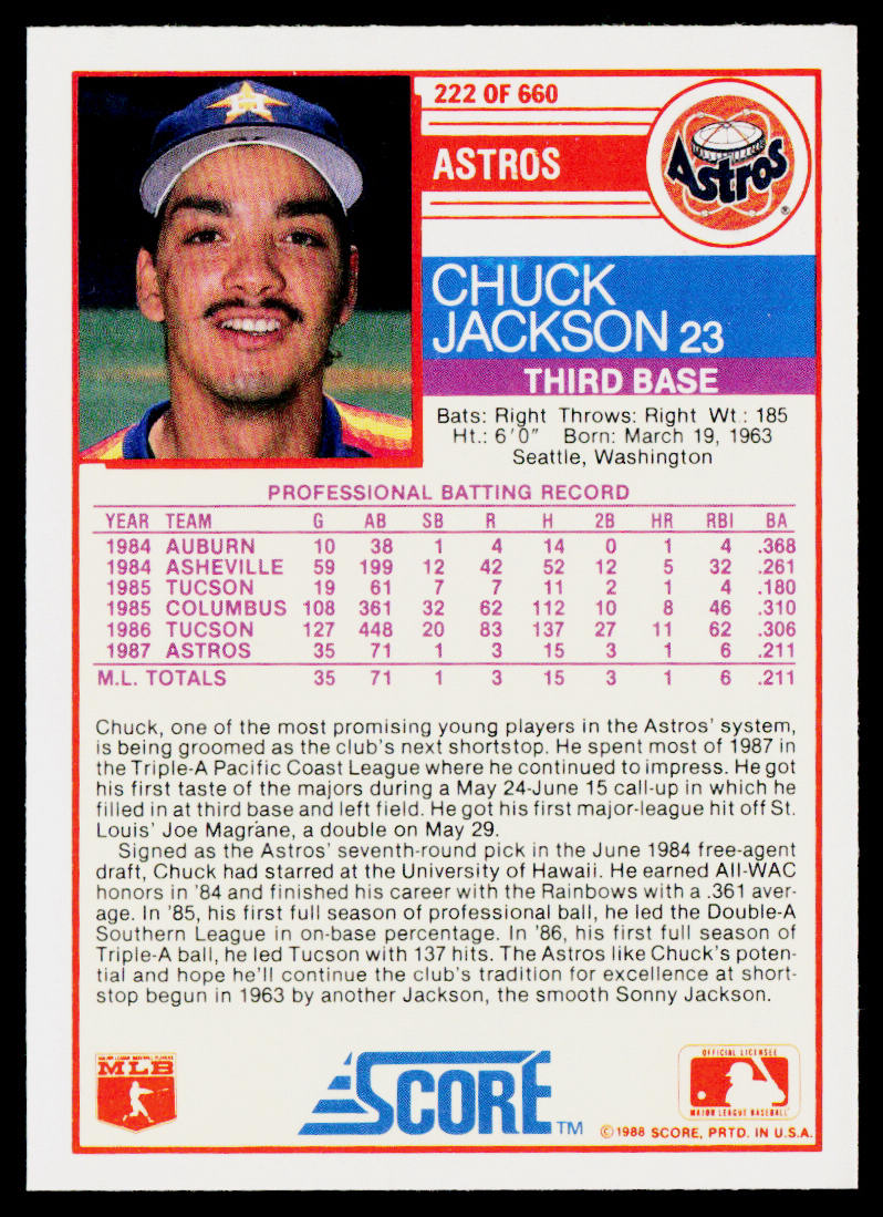 Chuck Jackson 1988 Score #222 RC Houston Astros