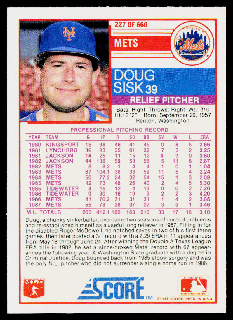 Doug Sisk 1988 Score #227 New York Mets