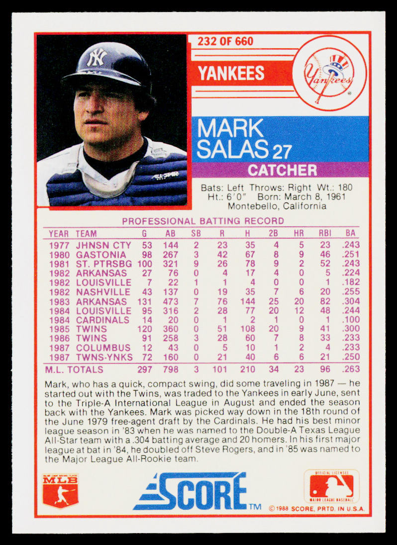 Mark Salas 1988 Score #232 New York Yankees