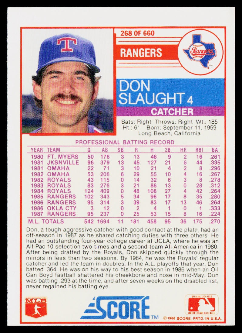 Don Slaught 1988 Score #268 Texas Rangers