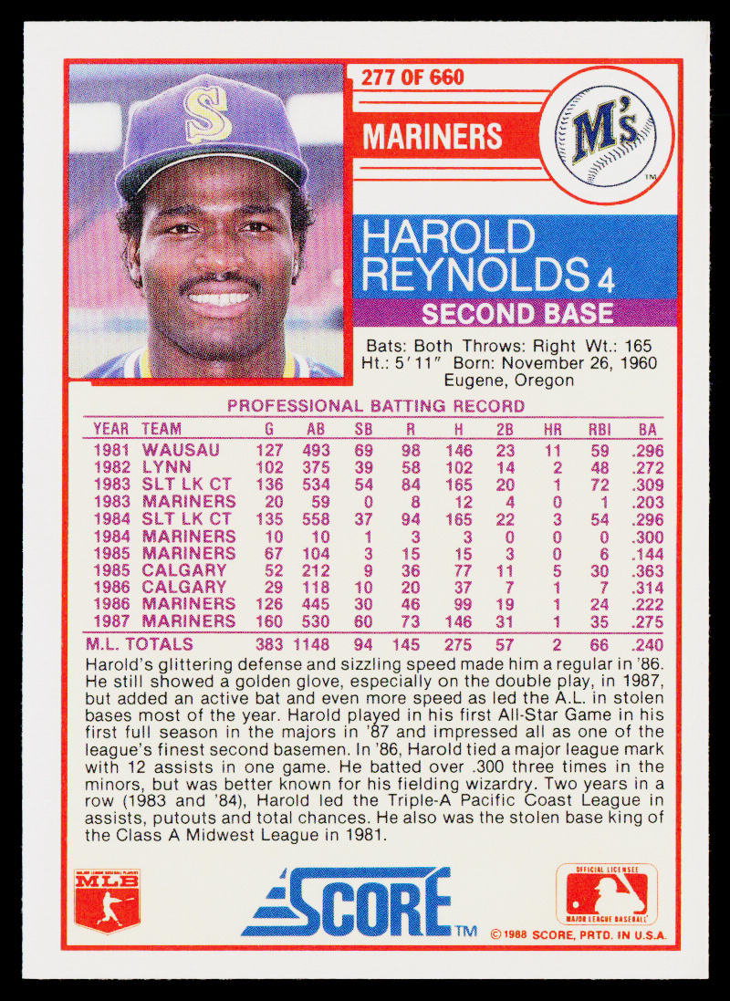 Harold Reynolds 1988 Score #277 Seattle Mariners