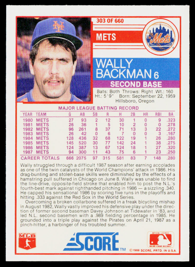 Wally Backman 1988 Score #303 New York Mets