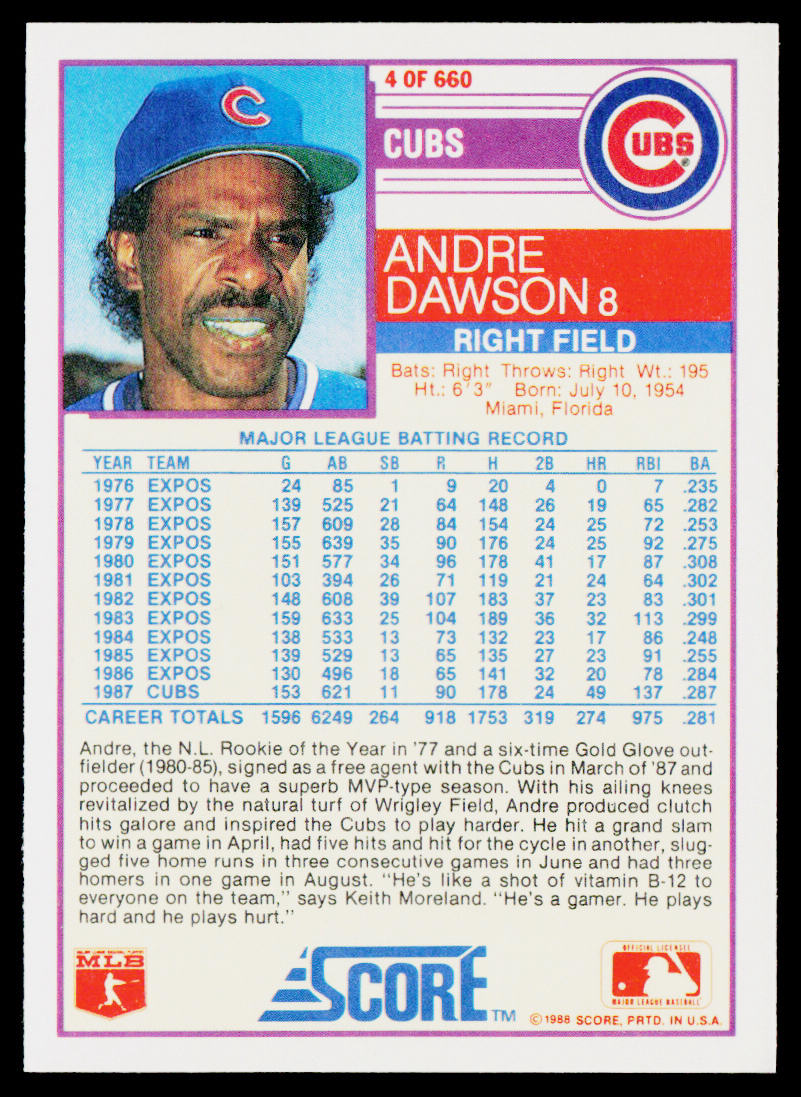 Andre Dawson 1988 Score #4 Chicago Cubs