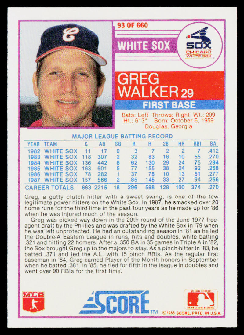 Greg Walker 1988 Score #93a Chicago White Sox