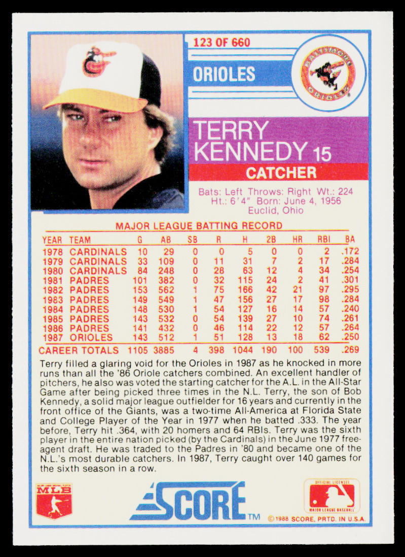 Terry Kennedy 1988 Score #123 Baltimore Orioles