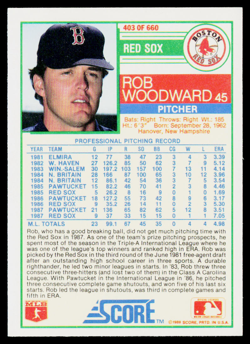 Rob Woodward 1988 Score #403 Boston Red Sox