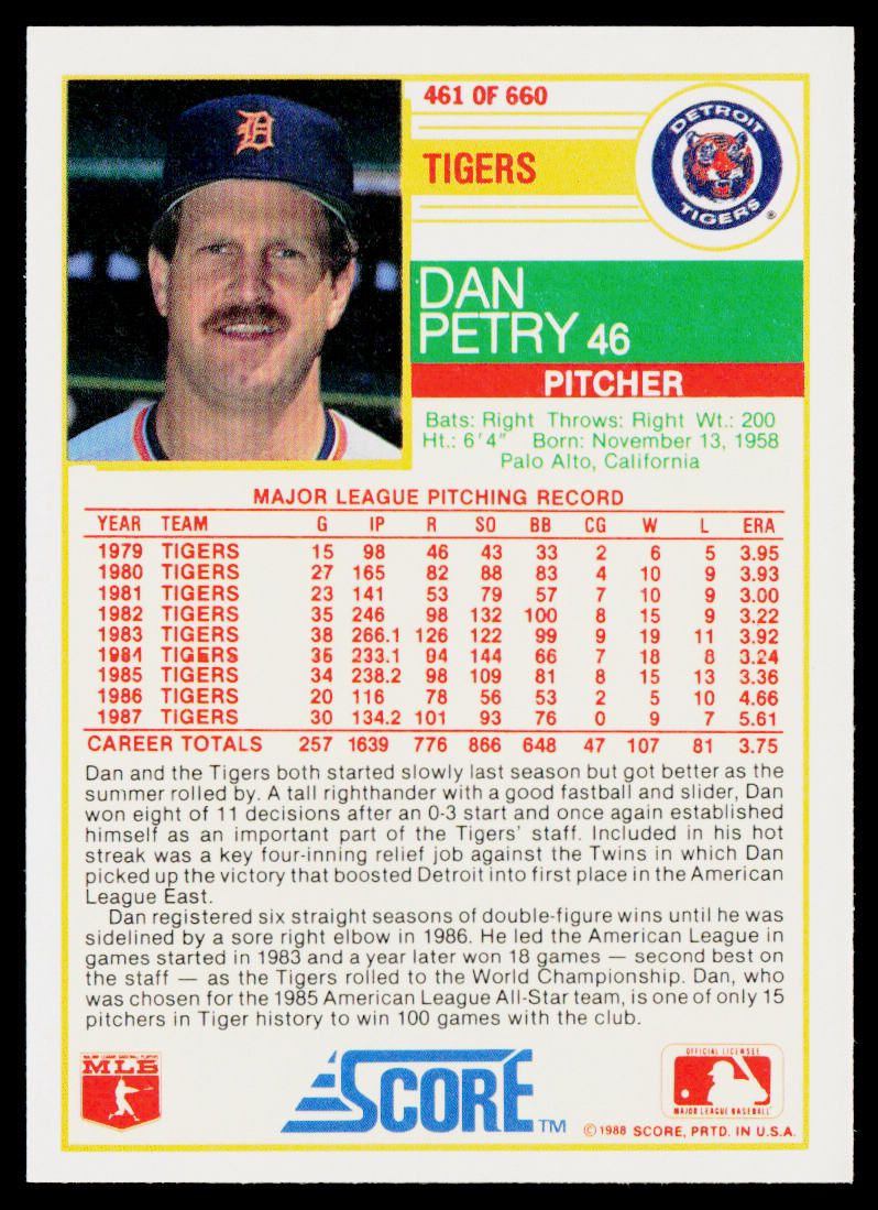 Dan Petry 1988 Score #461 Detroit Tigers