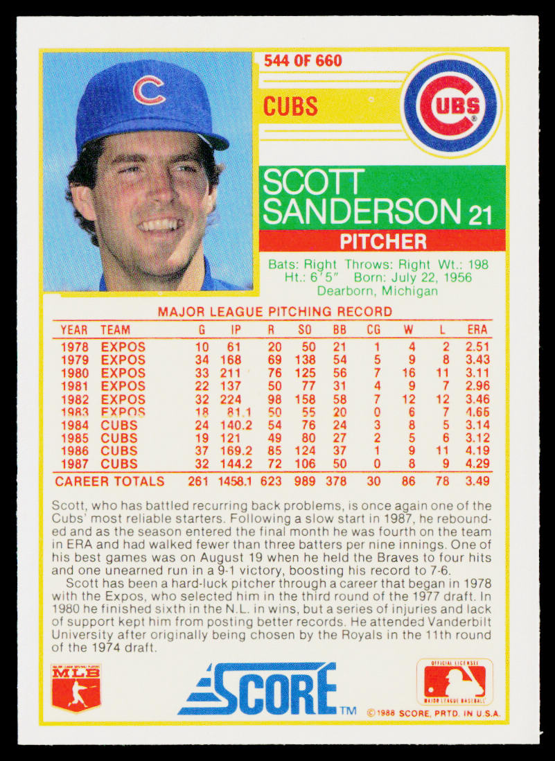 Scott Sanderson 1988 Score #544 Chicago Cubs