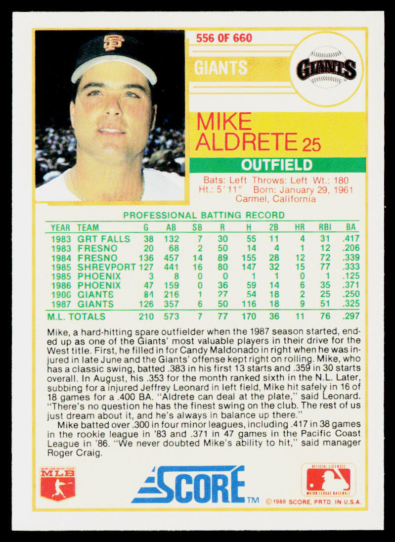 Mike Aldrete 1988 Score #556 San Francisco Giants