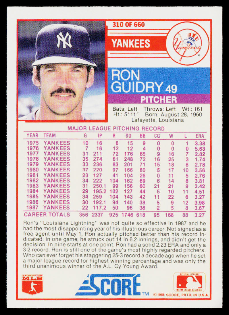 Ron Guidry 1988 Score #310 New York Yankees