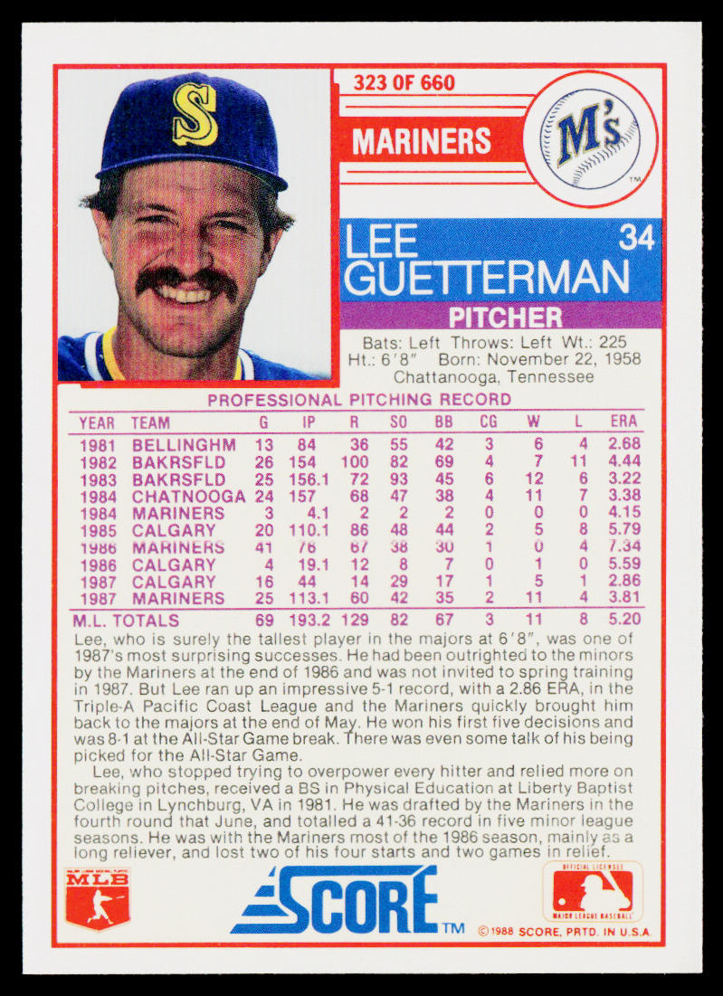 Lee Guetterman 1988 Score #323 Seattle Mariners